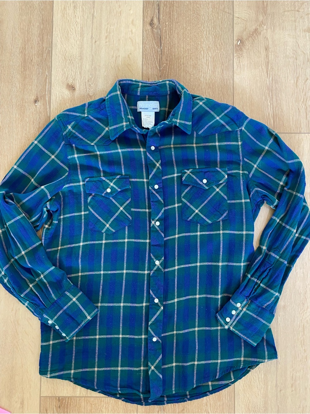 Wrangler Western Pearl Snap Plaid Flannel Shirt Blue Green Cowboy Ranchwear L